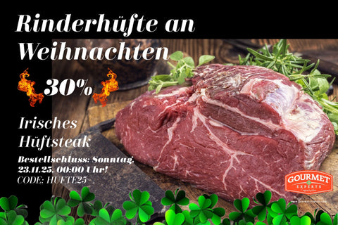 Promotional poster for Irish hindquarter steak with text and a Gourmet Select logo.